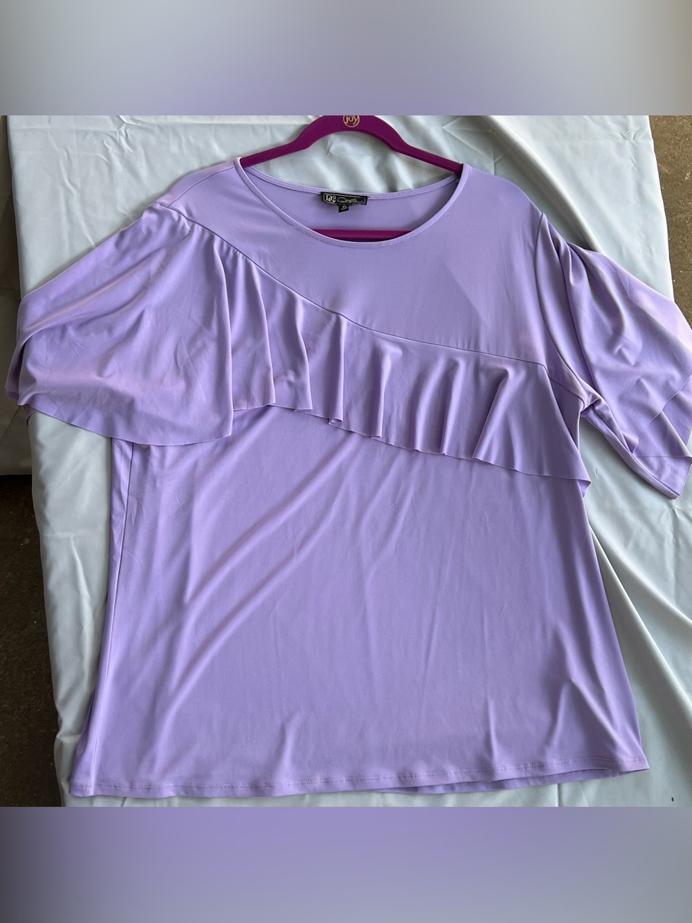 DG2 Diane Gilman Liquid Jersey Asymmetrical Ruffle Blouse Lavender XL HSN Boho